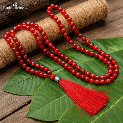 Lab Certified Red Agate Mala 108+1 Beads 8mm crafted from natural Red Agate gemstones by Rudradivine for meditation, mantra chanting and spiritual wellness.
