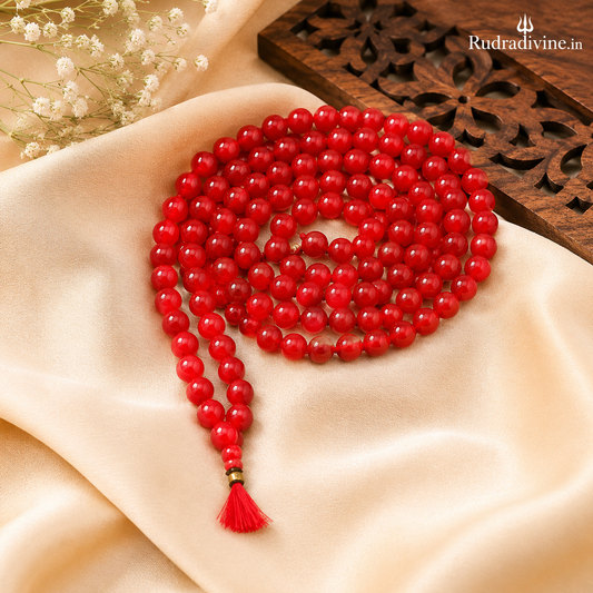 Lab Certified Red Agate Mala 108+1 Beads 8mm crafted from natural Red Agate gemstones by Rudradivine for meditation, mantra chanting and spiritual wellness.