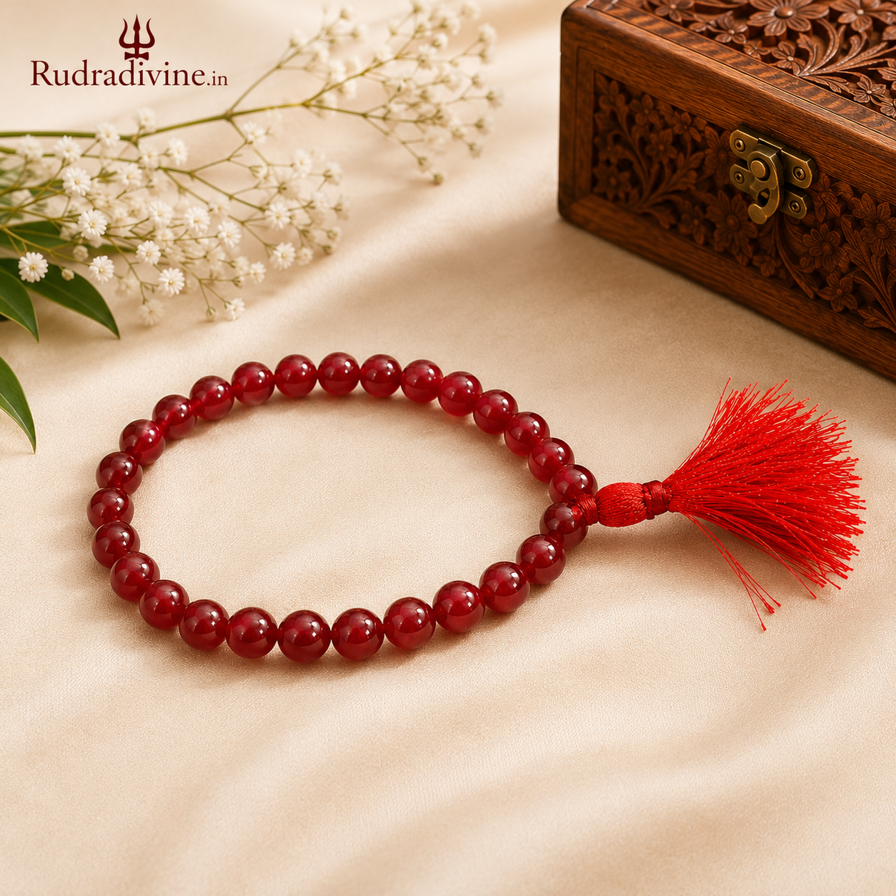 Lab Certified Red Agate Mala 27+1 Beads 8mm crafted with natural Red Agate gemstones by Rudra Divine for meditation, mantra chanting and spiritual wellness.