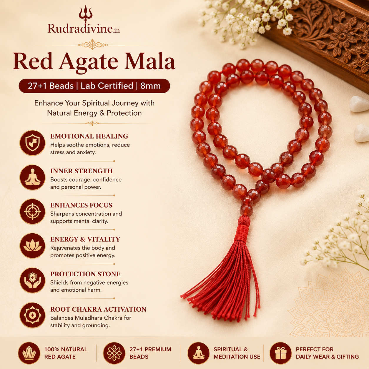 Lab Certified Red Agate Mala 27+1 Beads 8mm crafted with natural Red Agate gemstones by Rudra Divine for meditation, mantra chanting and spiritual wellness.