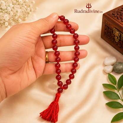 Lab Certified Red Agate Mala 27+1 Beads 8mm crafted with natural Red Agate gemstones by Rudra Divine for meditation, mantra chanting and spiritual wellness.