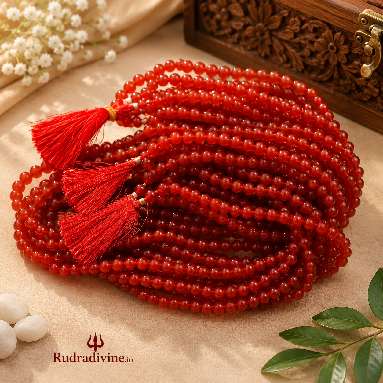 Lab Certified Red Agate Mala 27+1 Beads 8mm crafted with natural Red Agate gemstones by Rudra Divine for meditation, mantra chanting and spiritual wellness.