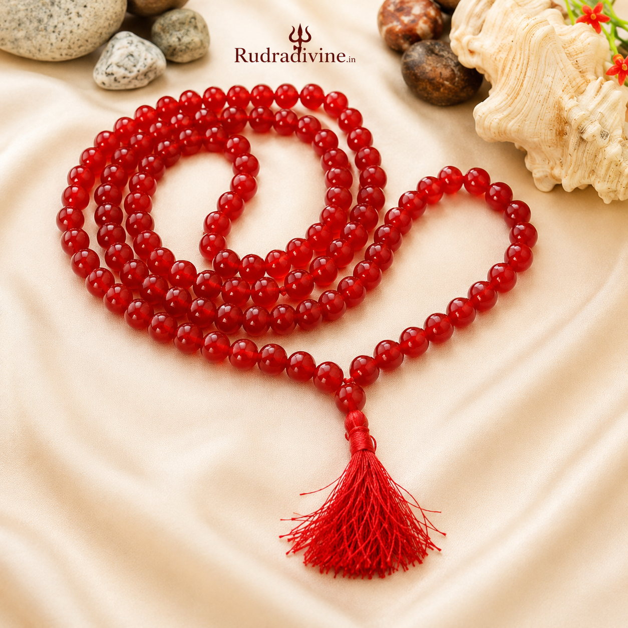 Lab Certified Red Agate Mala 54+1 Beads 8mm crafted from natural Red Agate gemstones by Rudra Divine for meditation, mantra chanting and spiritual wellness.