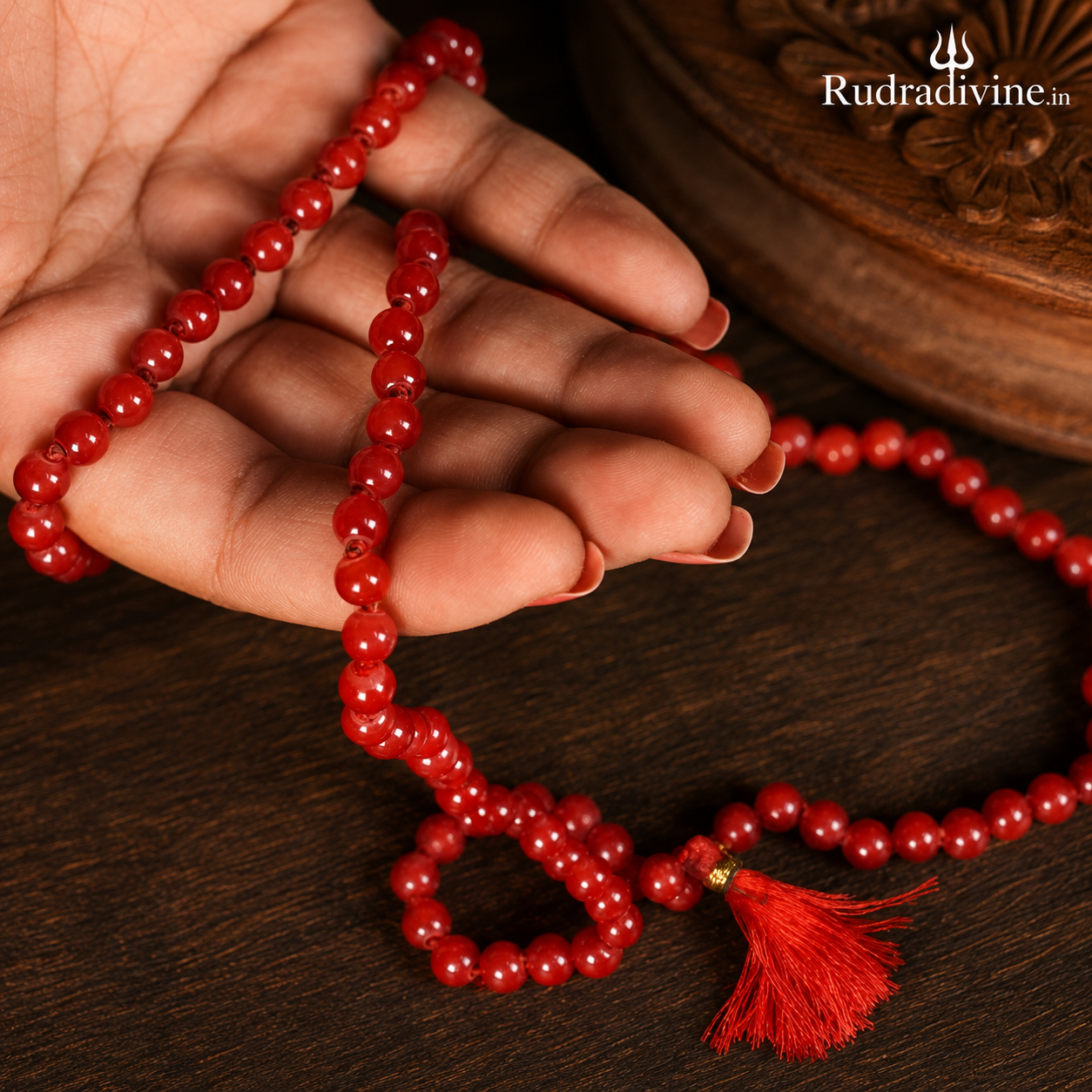 Lab Certified Red Agate Mala 54+1 Beads 8mm crafted from natural Red Agate gemstones by Rudra Divine for meditation, mantra chanting and spiritual wellness.