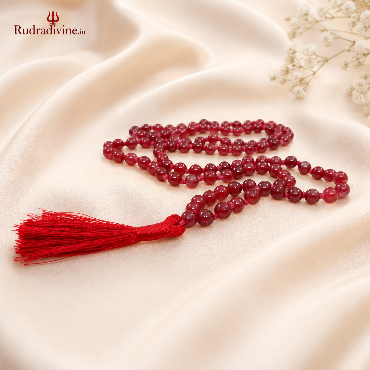 Lab Certified Red Agate Mala 54+1 Beads 8mm crafted from natural Red Agate gemstones by Rudra Divine for meditation, mantra chanting and spiritual wellness.