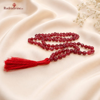 Lab Certified Red Agate Mala 54+1 Beads 8mm crafted from natural Red Agate gemstones by Rudra Divine for meditation, mantra chanting and spiritual wellness.