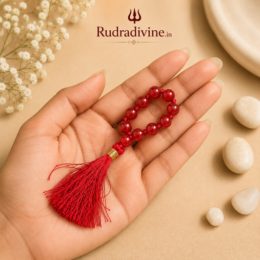 Red Agate Mala 9+1 Beads crafted with natural 8mm Red Agate gemstones and official Lab Certificate by Rudradivine.in for confidence, protection and meditation