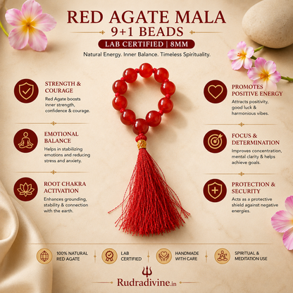 Red Agate Mala 9+1 Beads crafted with natural Red Agate gemstones and official Lab Certificate by Rudra Divine for meditation, healing, protection and positive energy.