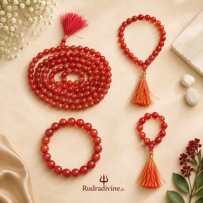 Red Agate Mala 9+1 Beads crafted with natural 8mm Red Agate gemstones and official Lab Certificate by Rudradivine.in for confidence, protection and meditation
