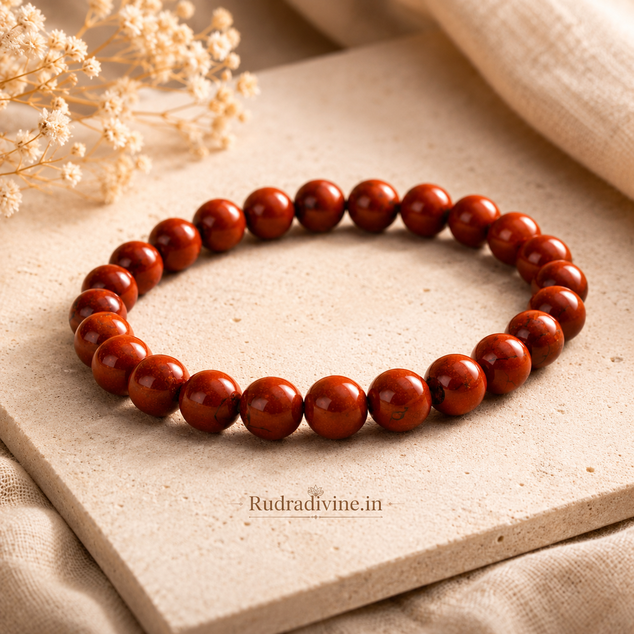 Red Jasper Bracelet 8MM crafted from natural Red Jasper gemstone with official Lab Certificate by Rudradivine for grounding, confidence, meditation and spiritual healing.