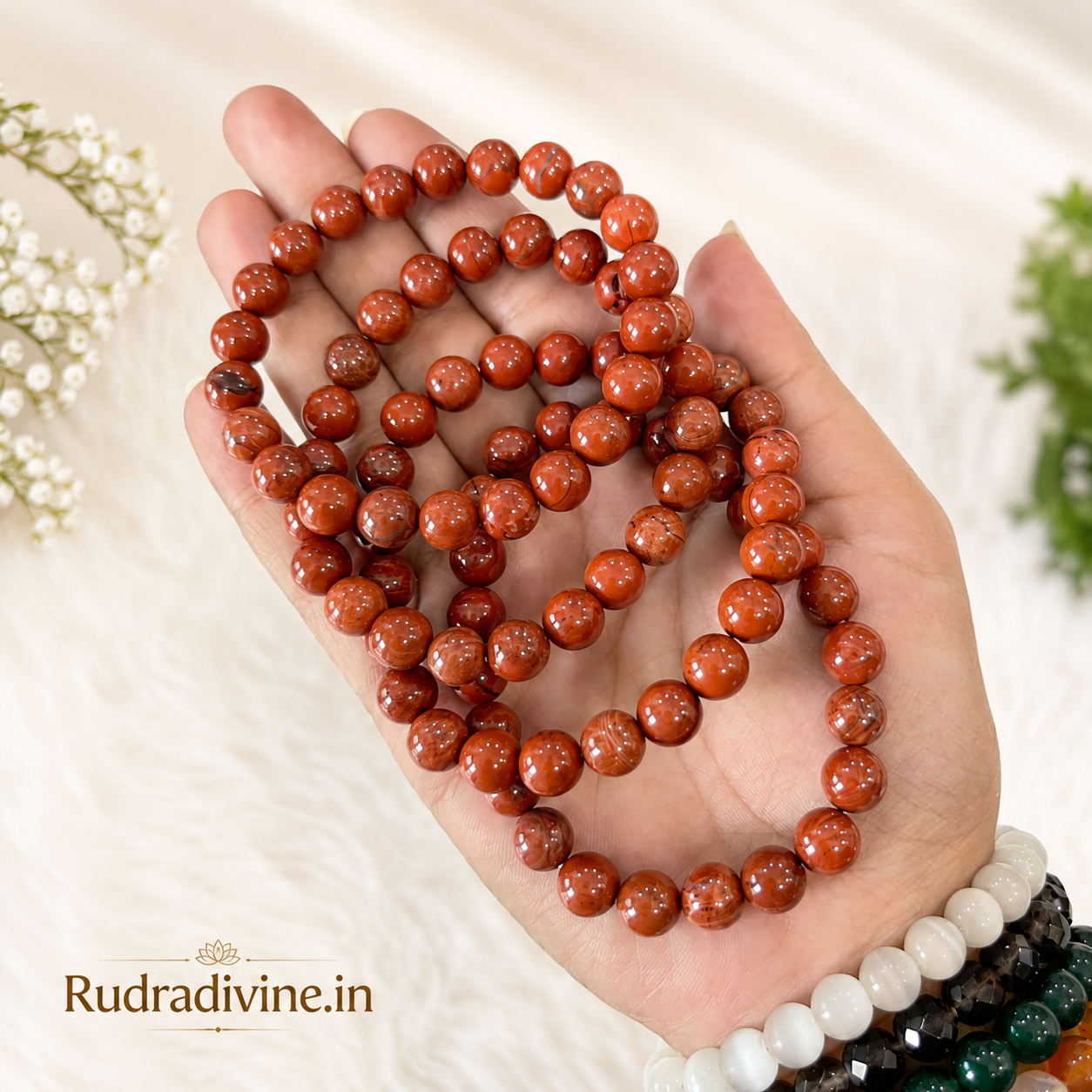 Red Jasper Bracelet 8MM crafted from natural Red Jasper gemstone with official Lab Certificate by Rudradivine for grounding, confidence, meditation and spiritual healing.