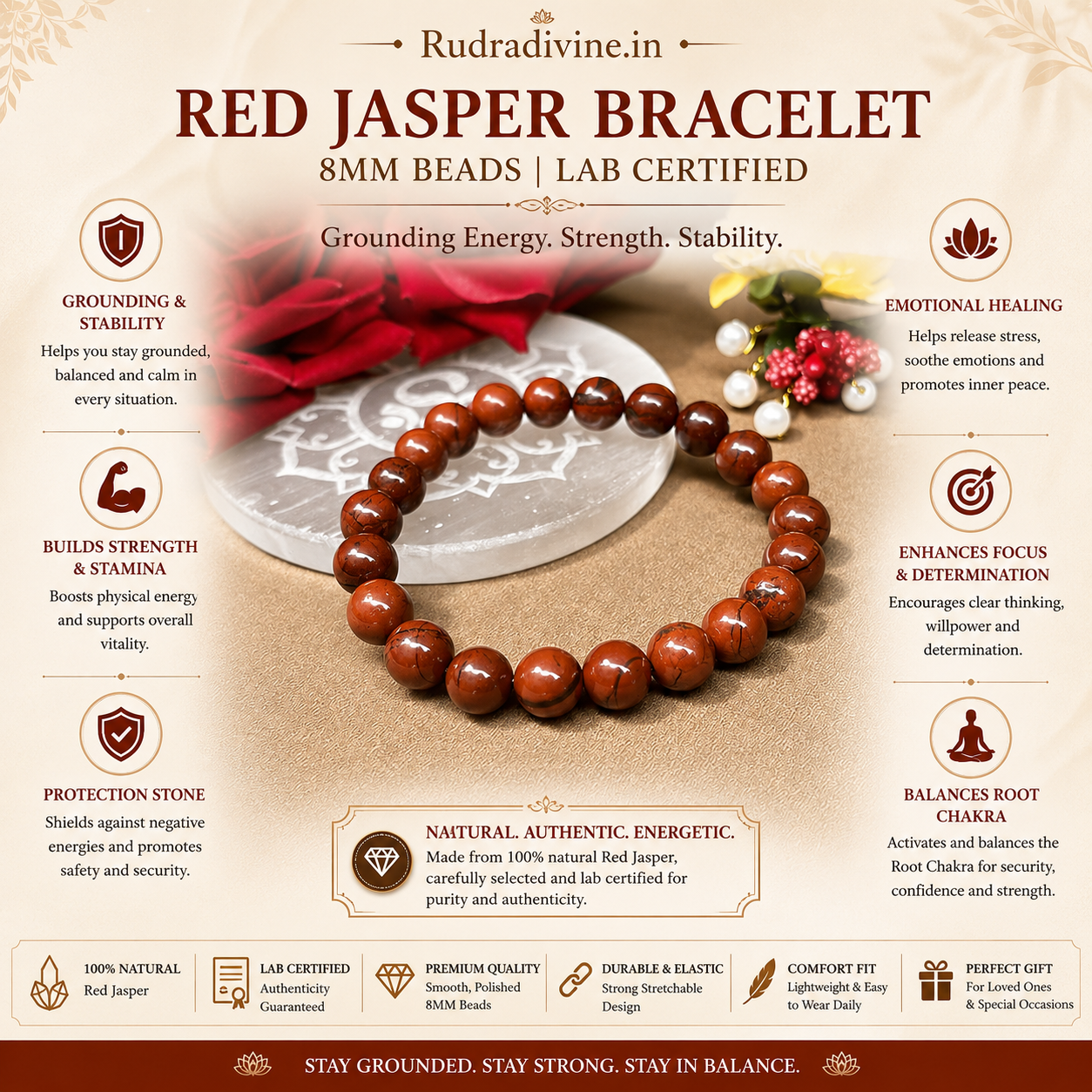 Red Jasper Bracelet 8MM crafted from natural Red Jasper gemstone with official Lab Certificate by Rudradivine for grounding, confidence, meditation and spiritual healing.