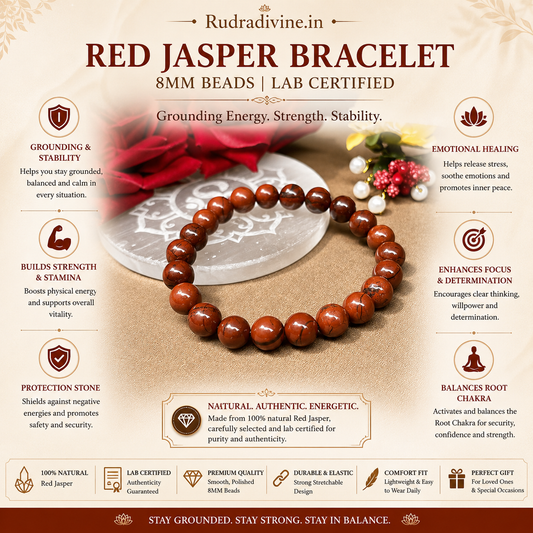 Red Jasper Bracelet 8MM crafted from natural Red Jasper gemstone with official Lab Certificate by Rudradivine for grounding, confidence, meditation and spiritual healing.