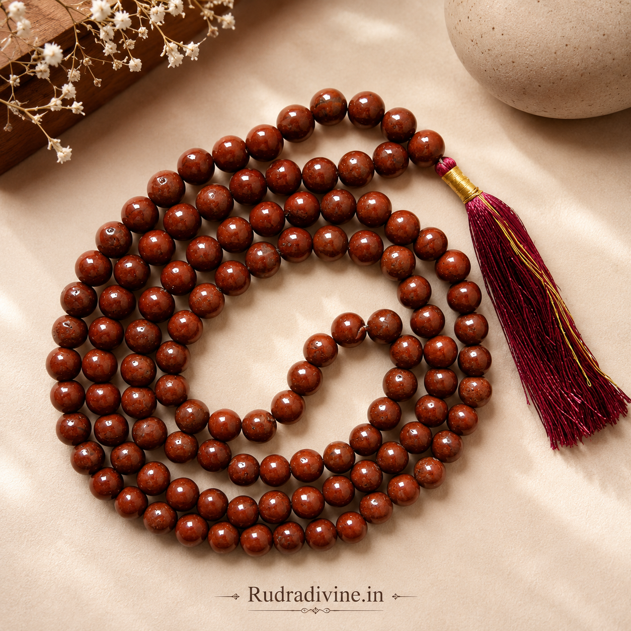 Red Jasper Mala 108+1 Beads 8MM crafted from natural Red Jasper gemstone with official Lab Certificate by Rudradivine for meditation, grounding, spiritual protection and daily mantra chanting.