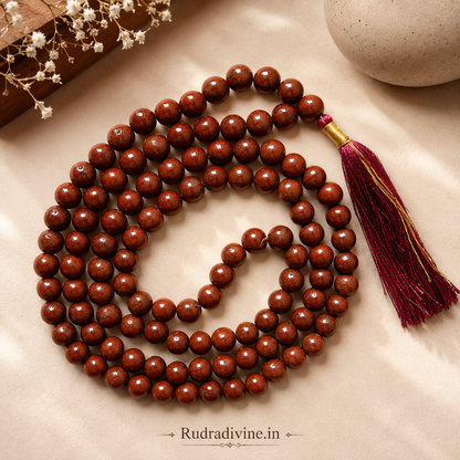 Red Jasper Mala 108+1 Beads 8MM crafted from natural Red Jasper gemstone with official Lab Certificate by Rudradivine for meditation, grounding, spiritual protection and daily mantra chanting.