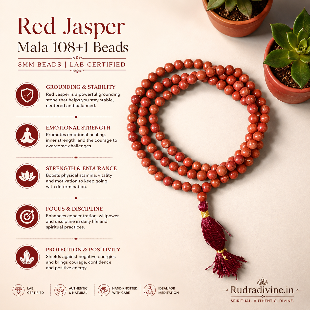 Red Jasper Mala 108+1 Beads 8MM crafted from natural Red Jasper gemstone with official Lab Certificate by Rudradivine for meditation, grounding, spiritual protection and daily mantra chanting.