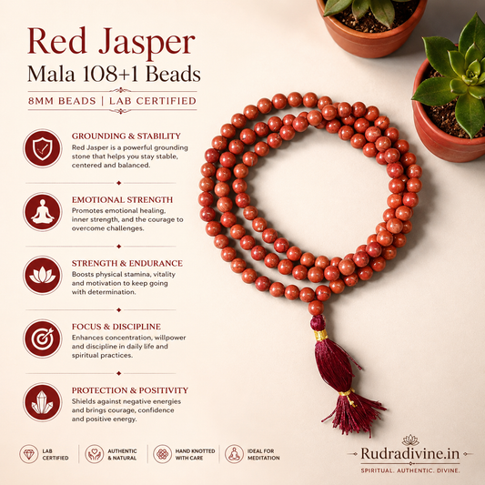 Red Jasper Mala 108+1 Beads 8MM crafted from natural Red Jasper gemstone with official Lab Certificate by Rudradivine for meditation, grounding, spiritual protection and daily mantra chanting.