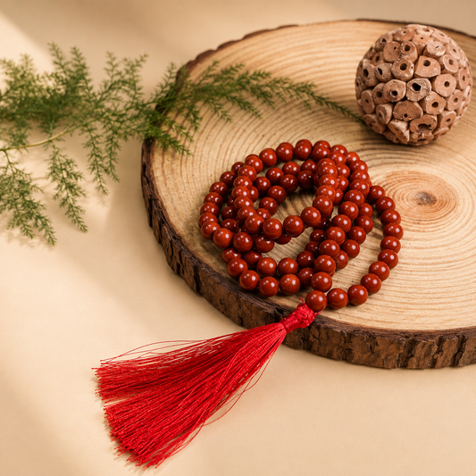 Red Jasper Mala 108+1 Beads 8MM crafted from natural Red Jasper gemstone with official Lab Certificate by Rudradivine for meditation, grounding, spiritual protection and daily mantra chanting.