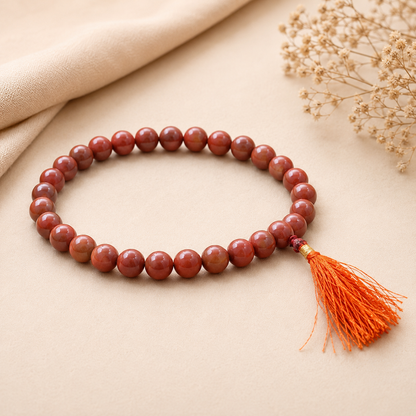 Red Jasper Mala 27+1 Beads 8MM crafted from natural Red Jasper gemstone with official Lab Certificate by Rudradivine for grounding, meditation and spiritual healing.