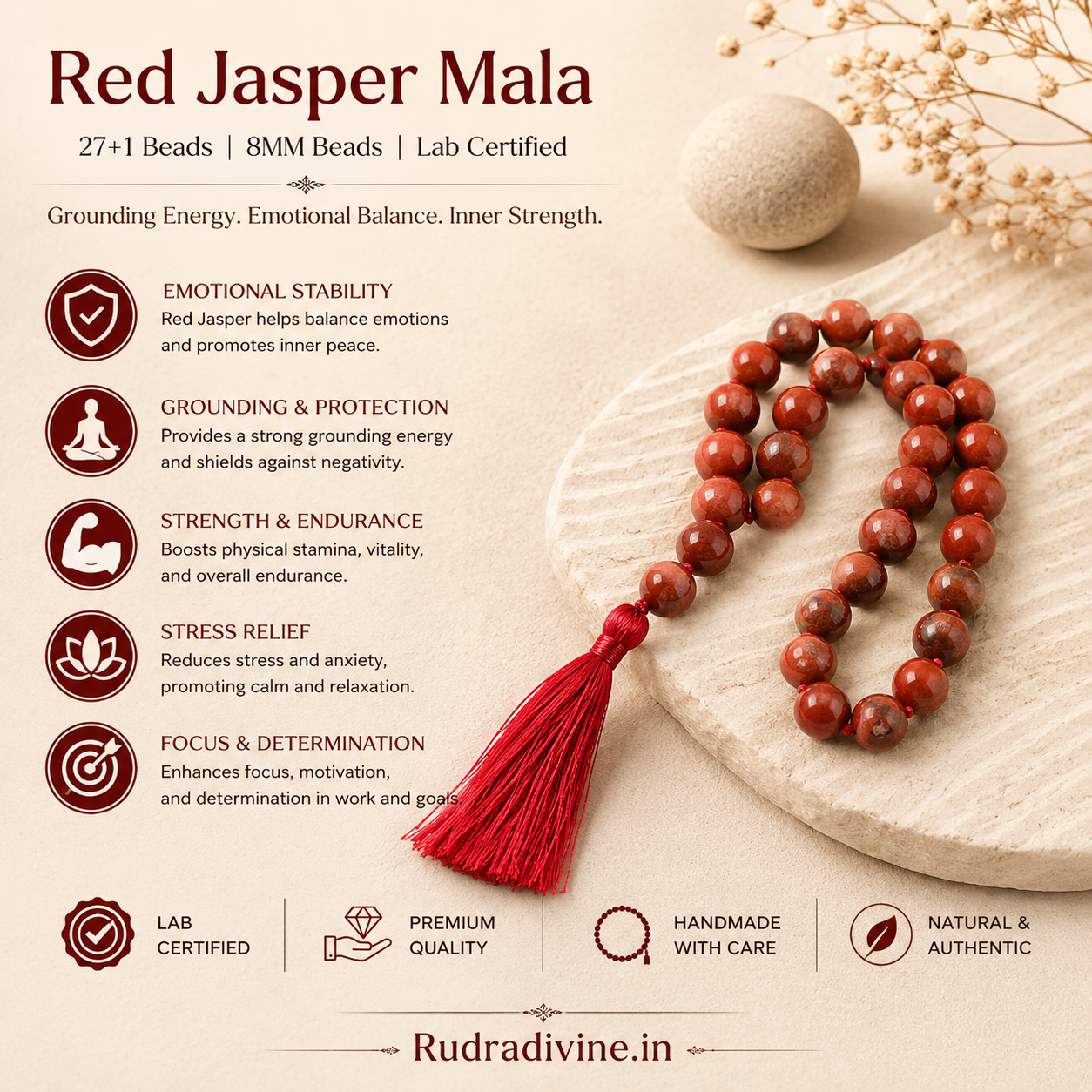 Red Jasper Mala 27+1 Beads 8MM crafted from natural Red Jasper gemstone with official Lab Certificate by Rudradivine for grounding, meditation and spiritual healing.