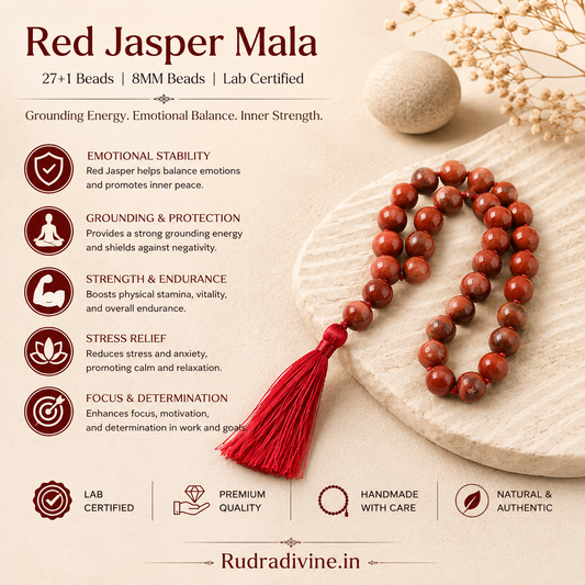 Red Jasper Mala 27+1 Beads 8MM crafted from natural Red Jasper gemstone with official Lab Certificate by Rudradivine for grounding, meditation and spiritual healing.