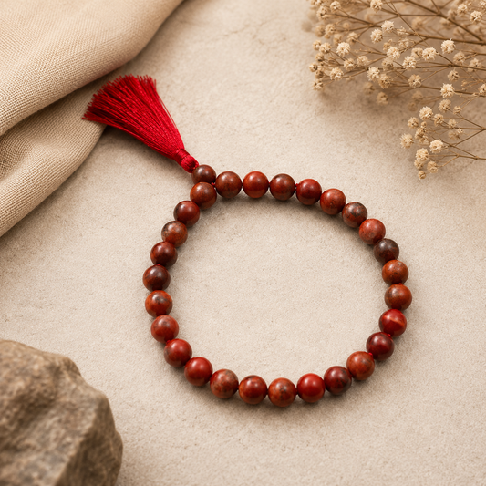 Red Jasper Mala 27+1 Beads 8MM crafted from natural Red Jasper gemstone with official Lab Certificate by Rudradivine for grounding, meditation and spiritual healing.