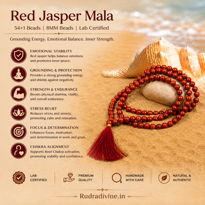 Red Jasper Mala 54+1 Beads 8MM crafted from natural Red Jasper gemstone with official Lab Certificate by Rudradivine for grounding, meditation, confidence and spiritual healing.