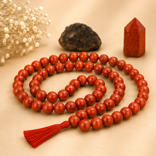 Red Jasper Mala 54+1 Beads 8MM crafted from natural Red Jasper gemstone with official Lab Certificate by Rudradivine for grounding, meditation, confidence and spiritual healing.