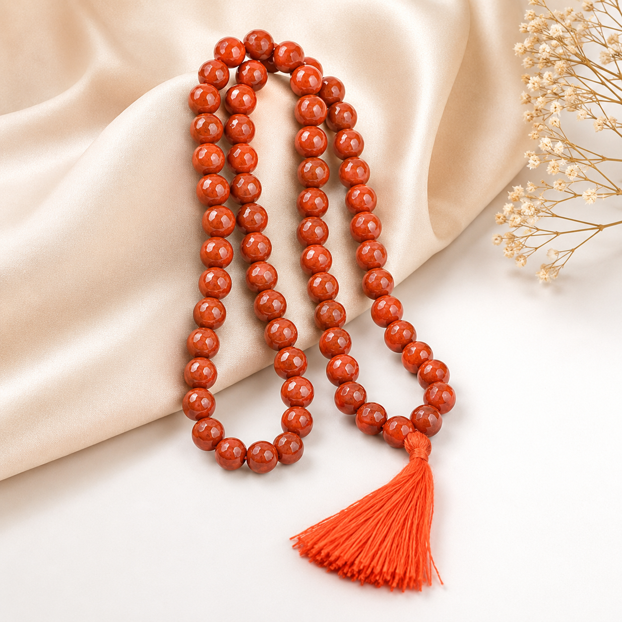 Red Jasper Mala 54+1 Beads 8MM crafted from natural Red Jasper gemstone with official Lab Certificate by Rudradivine for grounding, meditation, confidence and spiritual healing.