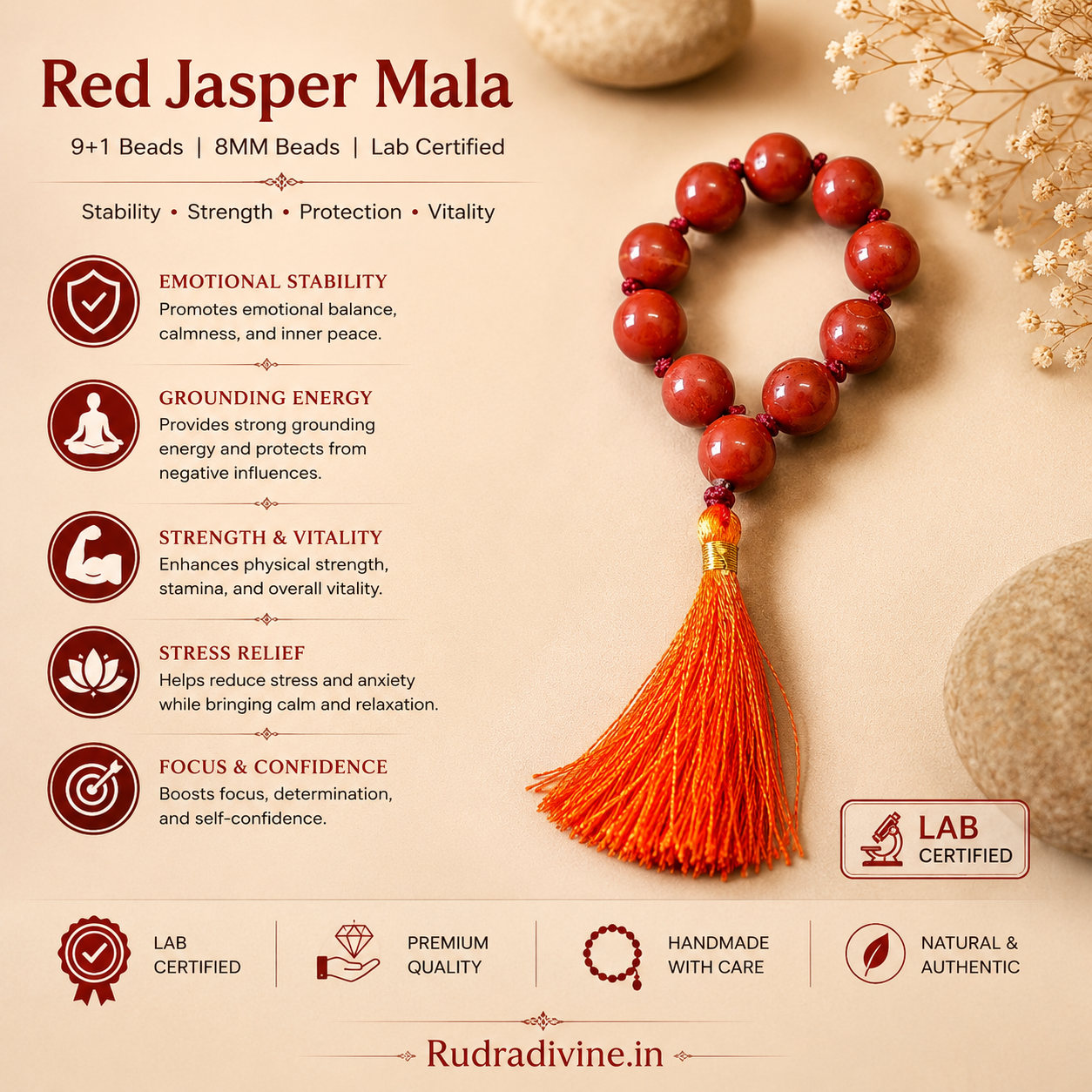 Red Jasper Mala 9+1 Beads 8MM crafted from natural gemstone with official Lab Certificate by Rudradivine for grounding, courage, meditation and spiritual healing.