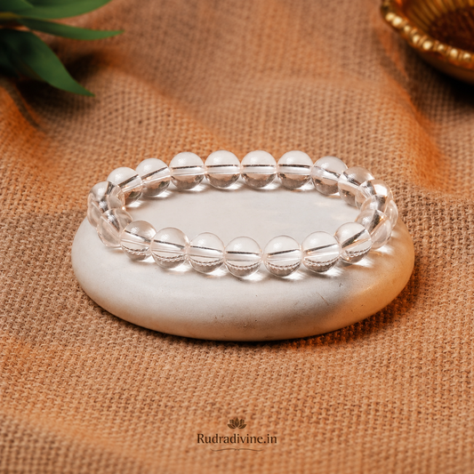 Rock Crystal Bracelet 8MM crafted with natural Rock Crystal (Sphatik) gemstones and official Lab Certificate by Rudradivine for clarity, healing, meditation, positivity, and spiritual wellness.