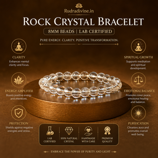 Rock Crystal Bracelet 8MM crafted with natural Rock Crystal (Sphatik) gemstones and official Lab Certificate by Rudradivine for clarity, healing, meditation, positivity, and spiritual wellness.