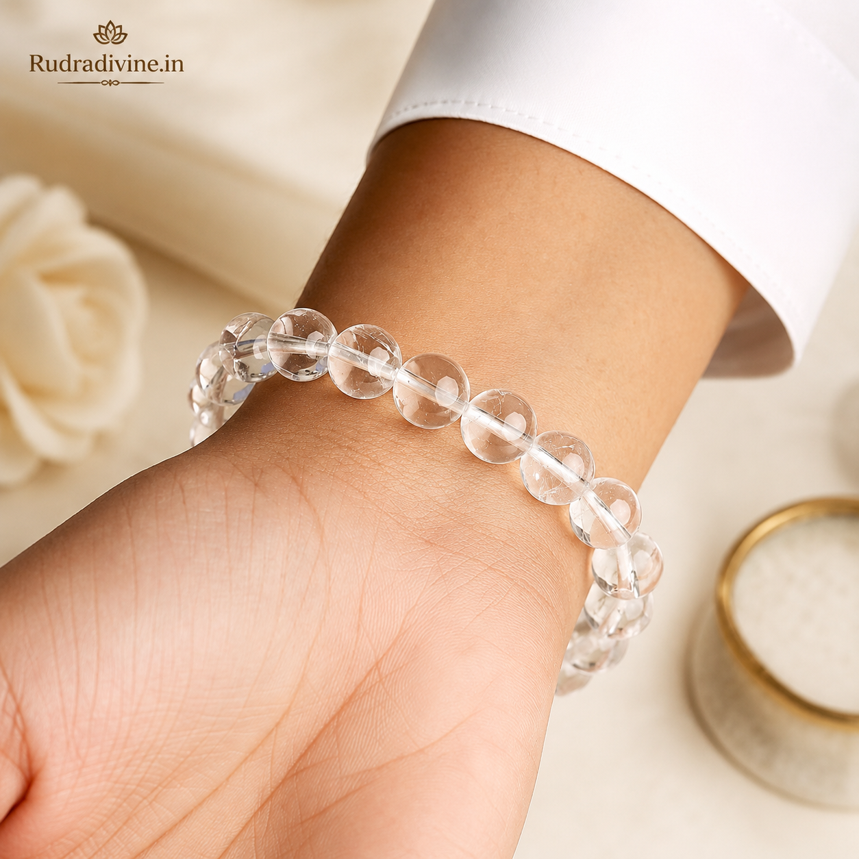 Rock Crystal Bracelet 8MM crafted with natural Rock Crystal (Sphatik) gemstones and official Lab Certificate by Rudradivine for clarity, healing, meditation, positivity, and spiritual wellness.