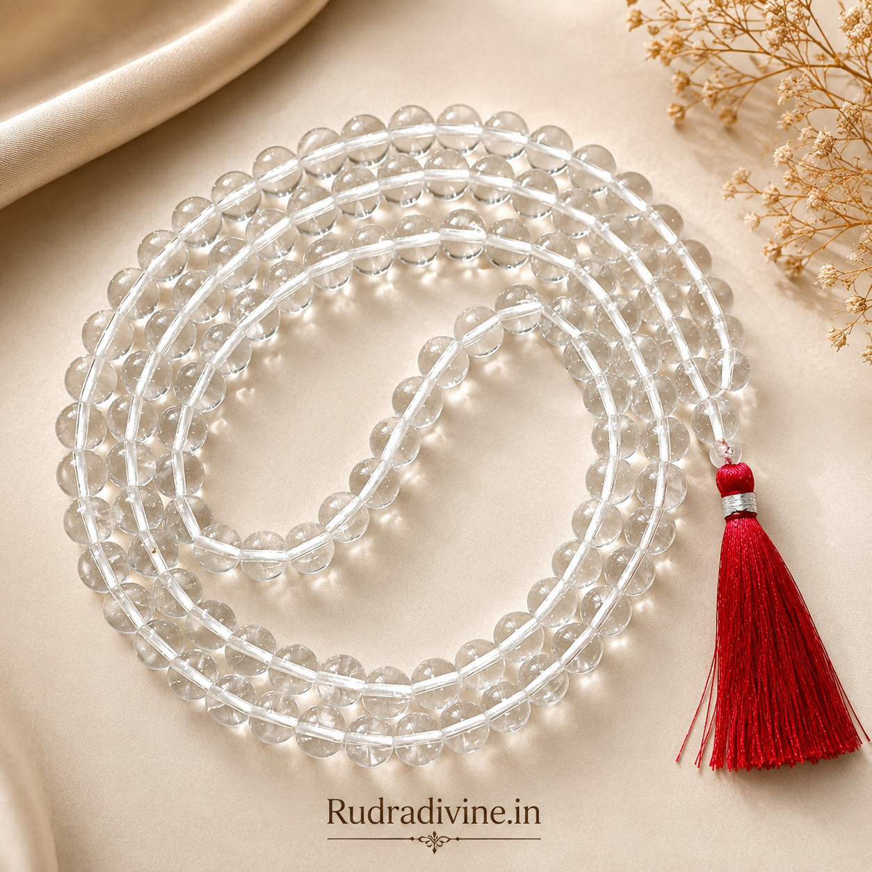 Rock Crystal (Sphatik) Mala 108+1 Beads 8MM crafted from natural crystal with official Lab Certificate by Rudradivine for meditation, peace and spiritual healing.