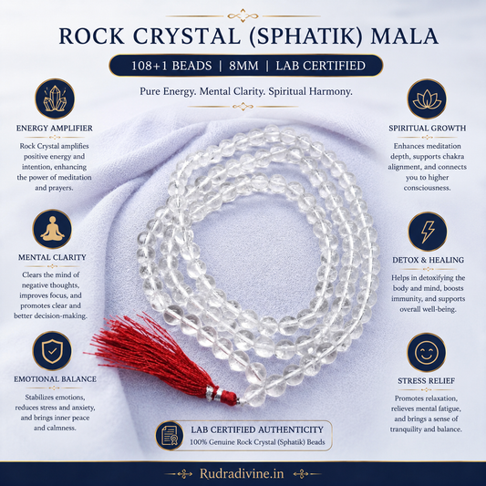 Rock Crystal (Sphatik) Mala 108+1 Beads 8MM crafted from natural crystal with official Lab Certificate by Rudradivine for meditation, peace and spiritual healing.