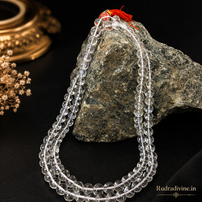 Rock Crystal (Sphatik) Mala 108+1 Beads 8MM crafted from natural crystal with official Lab Certificate by Rudradivine for meditation, peace and spiritual healing.