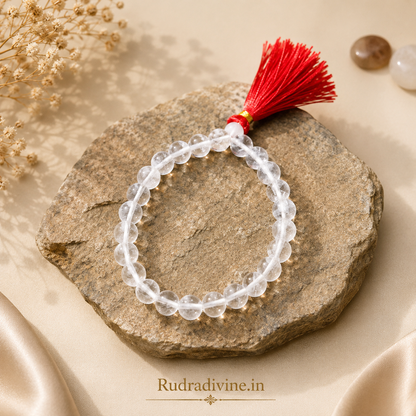 Rock Crystal (Sphatik) Mala 27+1 Beads 8MM crafted from natural crystal with official Lab Certificate by Rudradivine for meditation, peace and spiritual healing.