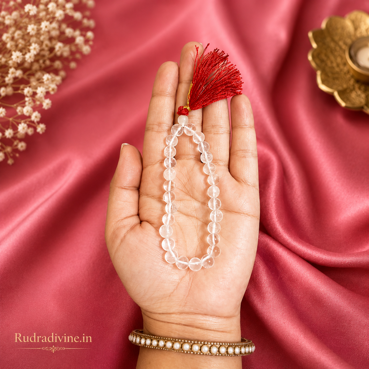 Rock Crystal (Sphatik) Mala 27+1 Beads 8MM crafted from natural crystal with official Lab Certificate by Rudradivine for meditation, peace and spiritual healing.