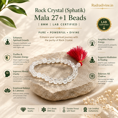 Rock Crystal (Sphatik) Mala 27+1 Beads 8MM crafted from natural crystal with official Lab Certificate by Rudradivine for meditation, peace and spiritual healing.