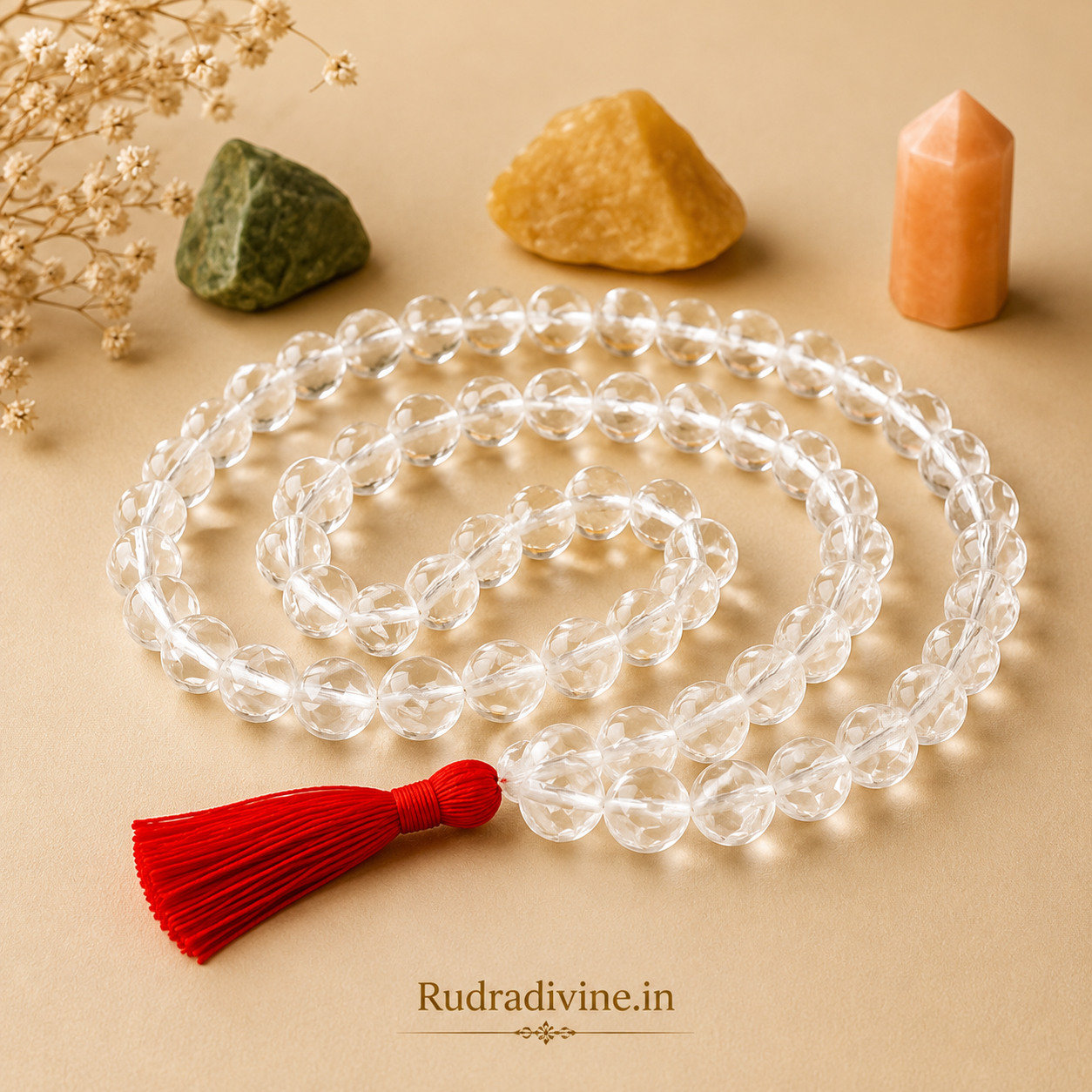 Rock Crystal (Sphatik) Mala 54+1 Beads 8MM crafted from natural crystal with official Lab Certificate by Rudradivine for meditation, peace and spiritual healing.