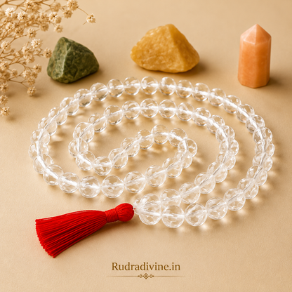 Rock Crystal (Sphatik) Mala 54+1 Beads 8MM crafted from natural crystal with official Lab Certificate by Rudradivine for meditation, peace and spiritual healing.