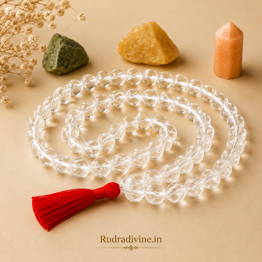 Rock Crystal (Sphatik) Mala 54+1 Beads 8MM crafted from natural crystal with official Lab Certificate by Rudradivine for meditation, peace and spiritual healing.