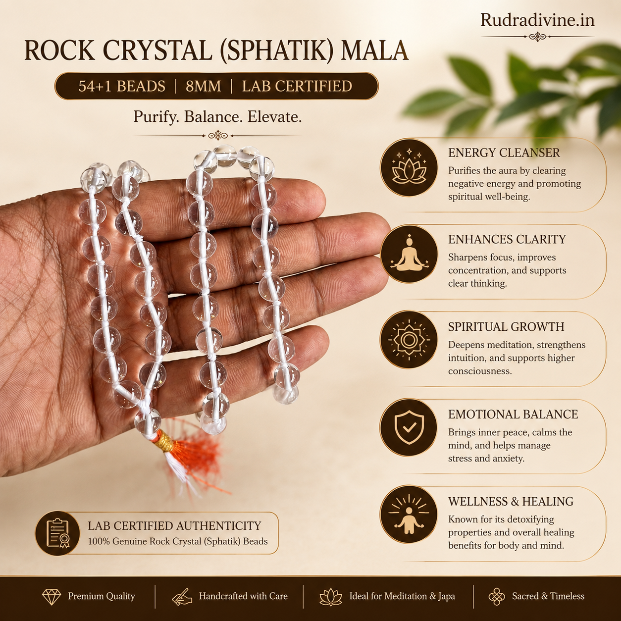 Rock Crystal (Sphatik) Mala 54+1 Beads 8MM crafted from natural crystal with official Lab Certificate by Rudradivine for meditation, peace and spiritual healing.