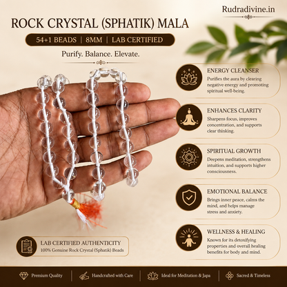 Rock Crystal (Sphatik) Mala 54+1 Beads 8MM crafted from natural crystal with official Lab Certificate by Rudradivine for meditation, peace and spiritual healing.