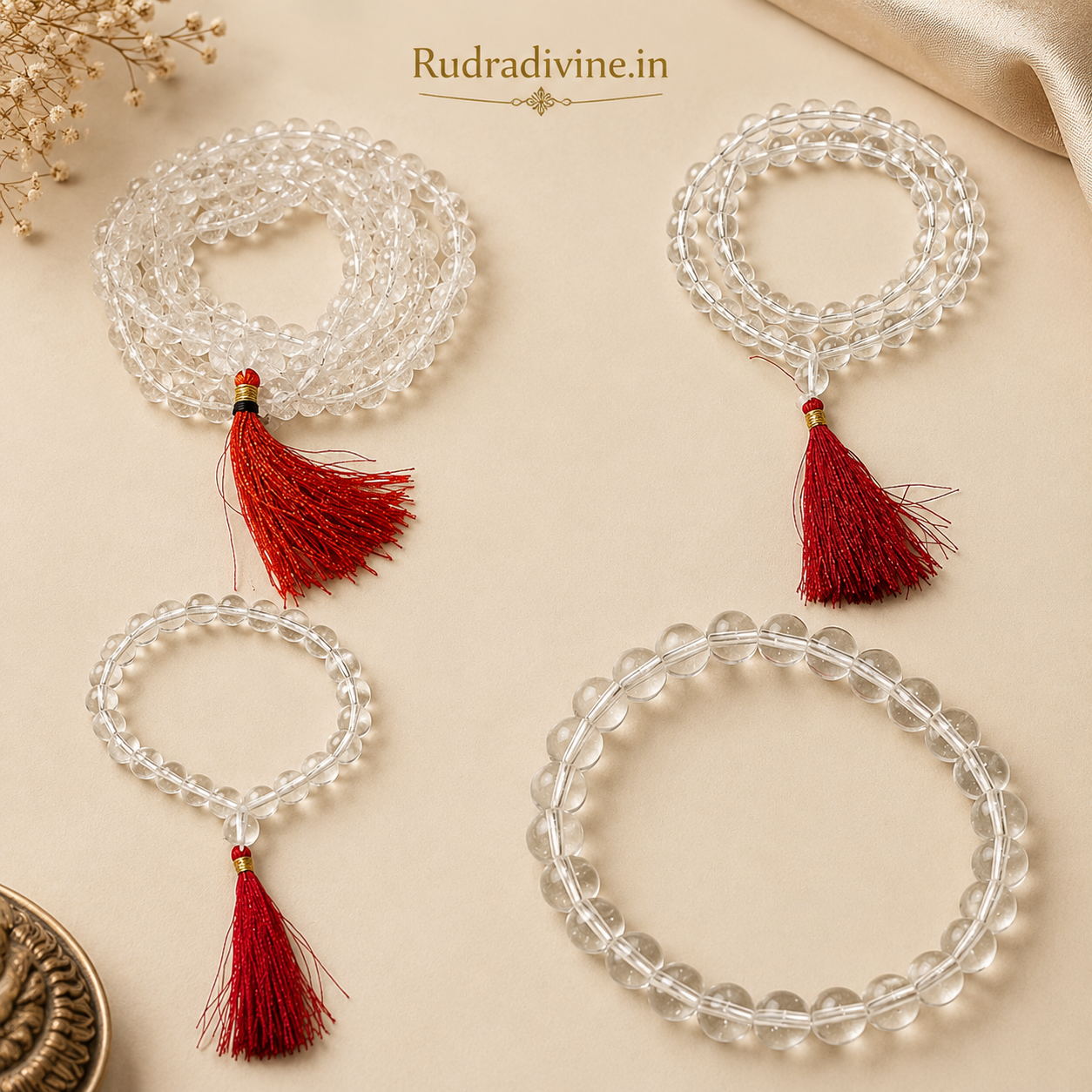 Rock Crystal (Sphatik) Mala 54+1 Beads 8MM crafted from natural crystal with official Lab Certificate by Rudradivine for meditation, peace and spiritual healing.