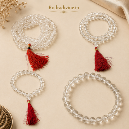Rock Crystal (Sphatik) Mala 54+1 Beads 8MM crafted from natural crystal with official Lab Certificate by Rudradivine for meditation, peace and spiritual healing.