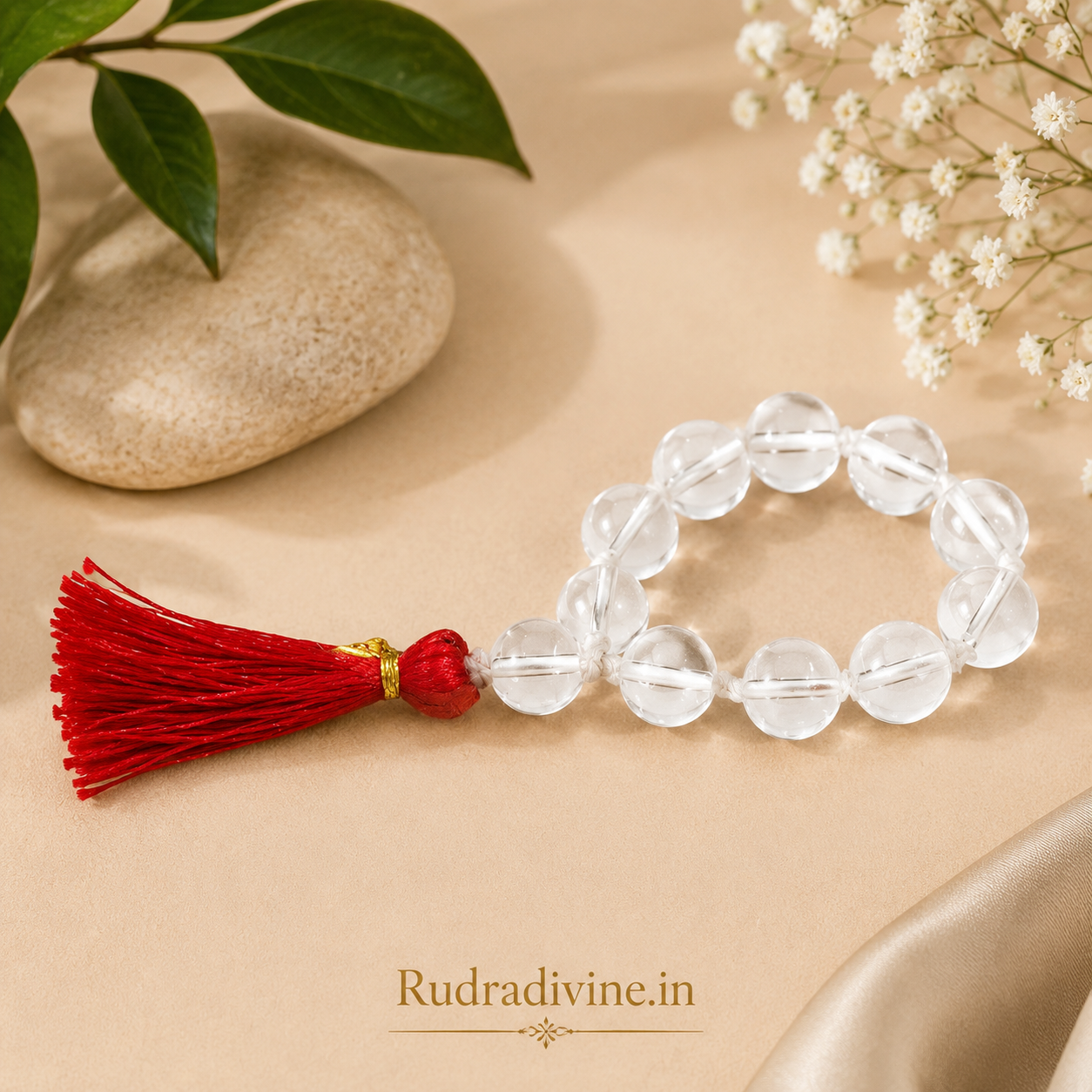 Rock Crystal (Sphatik) Mala 9+1 Beads 8MM crafted from natural crystal with official Lab Certificate by Rudradivine for meditation, peace and spiritual healing.