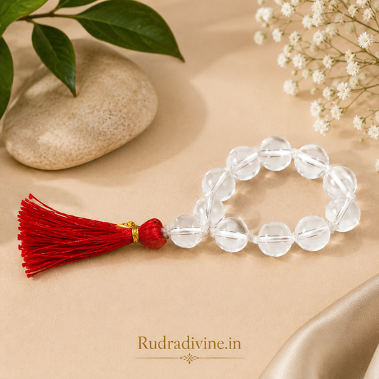 Rock Crystal (Sphatik) Mala 9+1 Beads 8MM crafted from natural crystal with official Lab Certificate by Rudradivine for meditation, peace and spiritual healing.