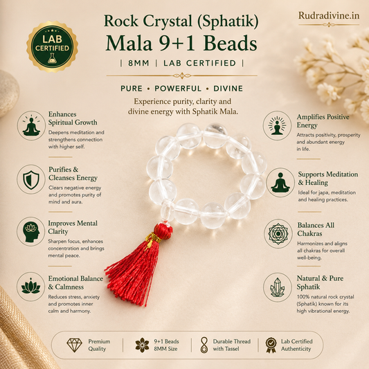 Rock Crystal (Sphatik) Mala 9+1 Beads 8MM crafted from natural crystal with official Lab Certificate by Rudradivine for meditation, peace and spiritual healing.