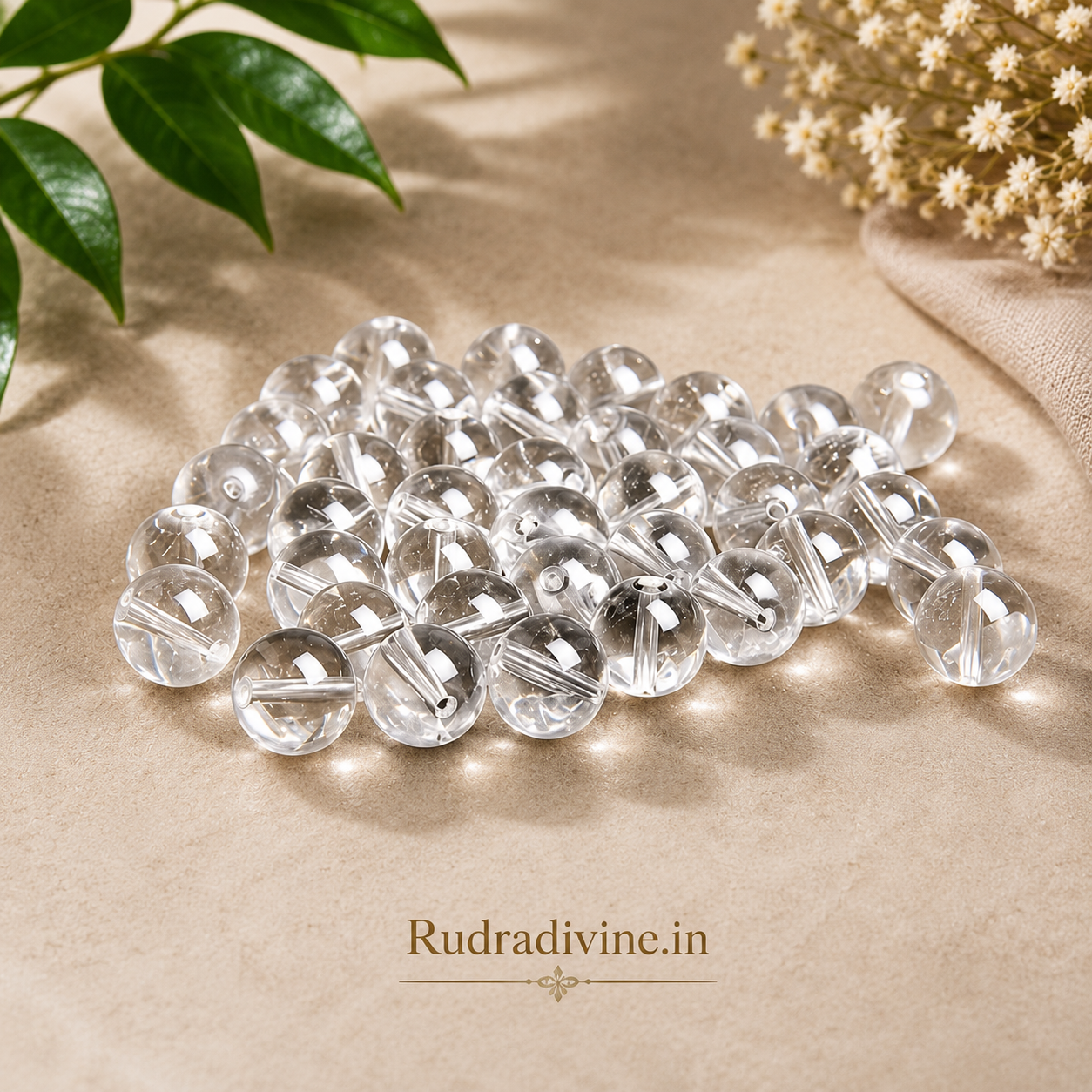 Rock Crystal (Sphatik) Mala 9+1 Beads 8MM crafted from natural crystal with official Lab Certificate by Rudradivine for meditation, peace and spiritual healing.